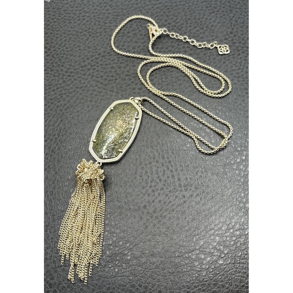 Kendra Scott Rayne Green Pyrite Stone Tassel Pendant Necklace Gold Tone 30" Long